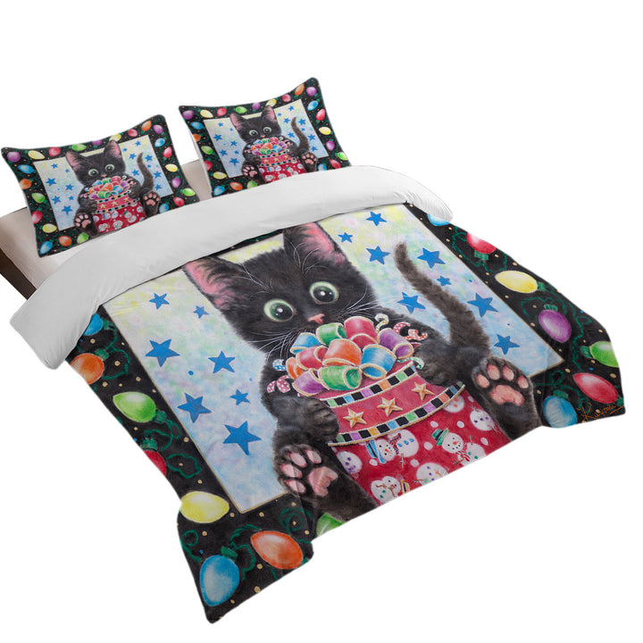 Christmas Lights and Cute Black Kitten Cat Duvet Cover