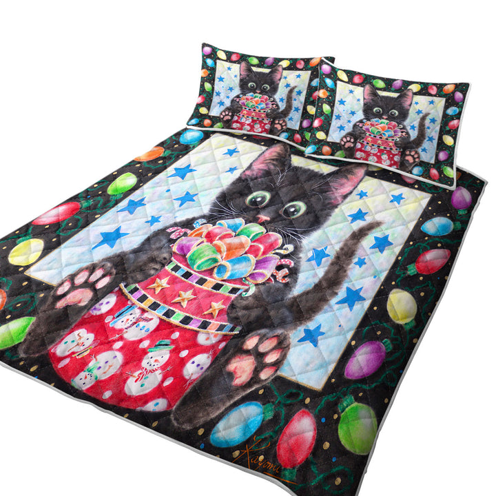 Christmas Lights and Cute Black Kitten Cat King Quilt