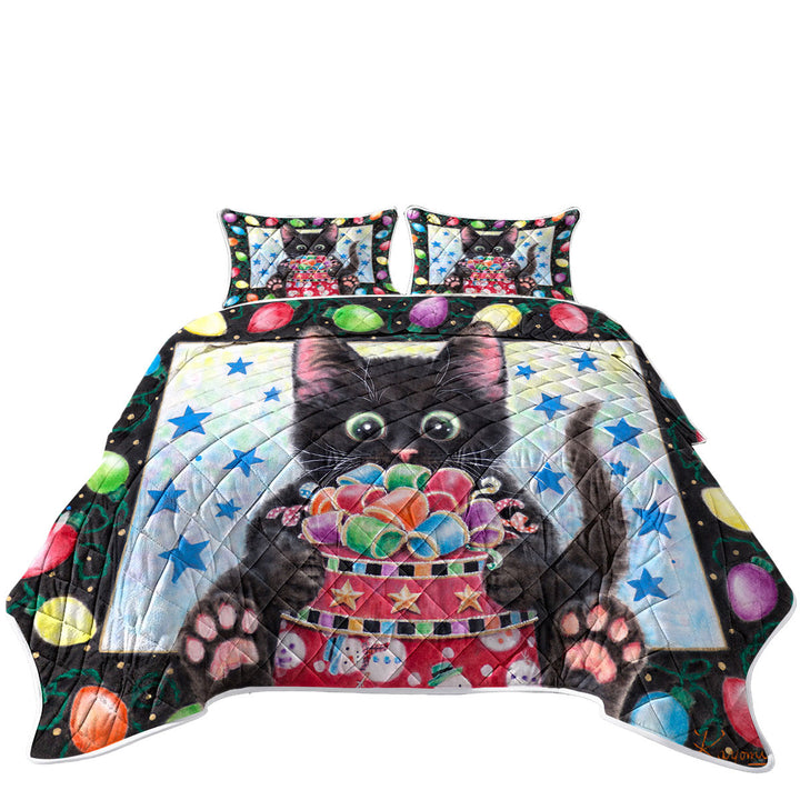 Christmas Lights and Cute Black Kitten Cat King Size Bedspreads