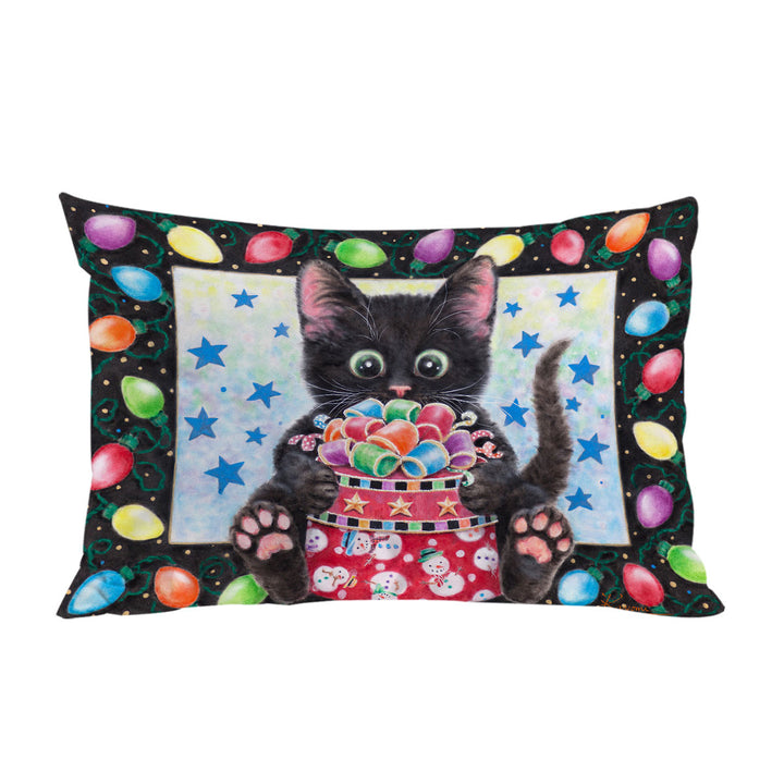 Christmas Lights and Cute Black Kitten Cat Pillow Cases
