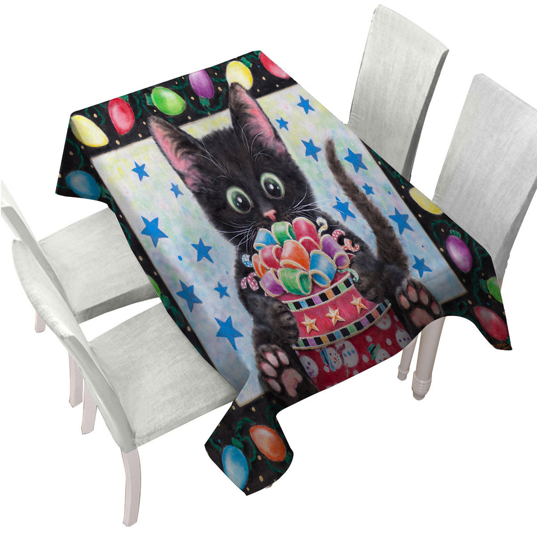 Christmas Lights and Cute Black Kitten Cat Tablecloths