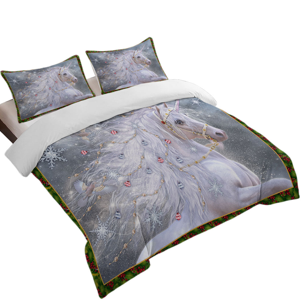 Christmas Magic White Unicorn Quilt Cover