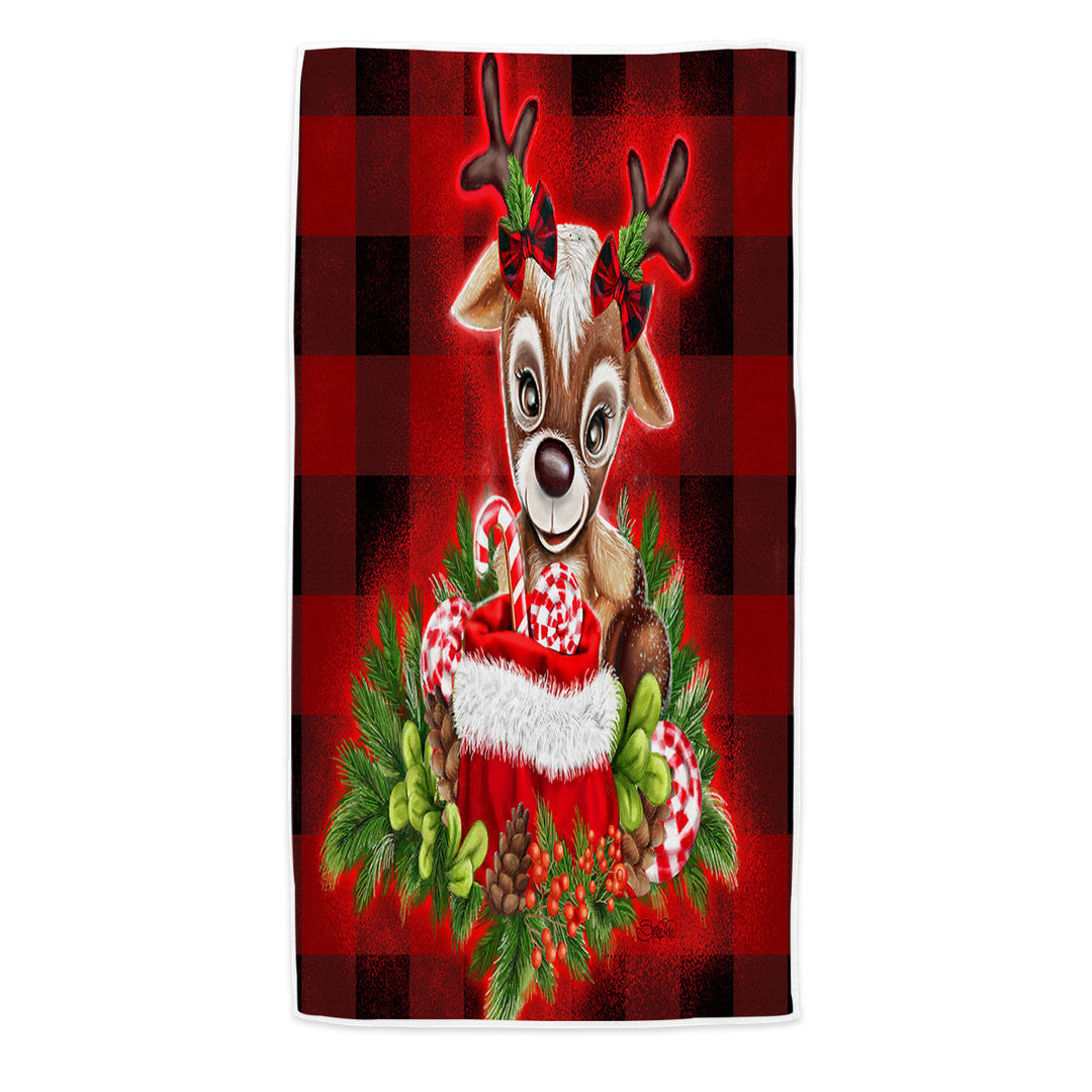 Christmas Plaid Cutie Reindeer Microfibre Beach Towels