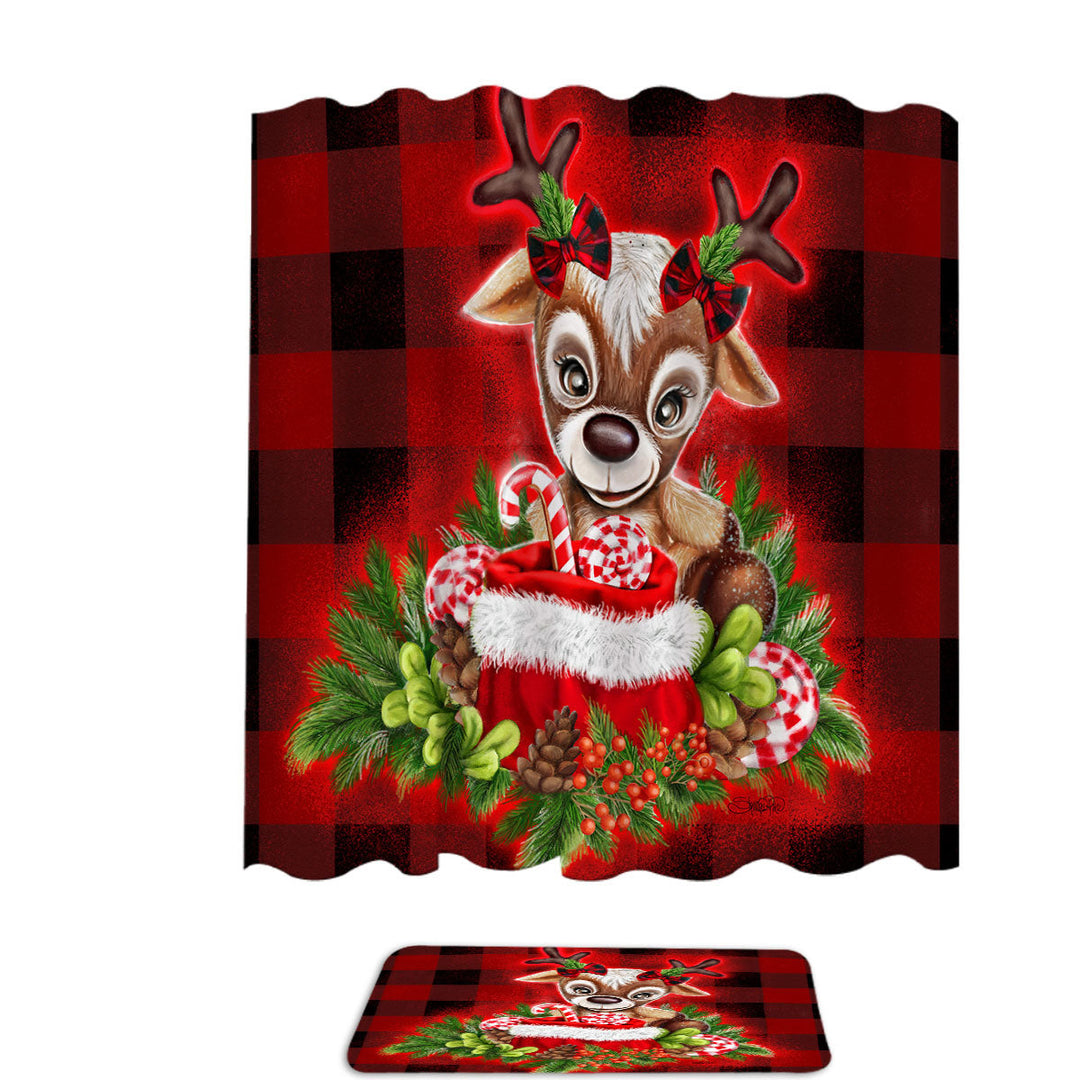 Christmas Plaid Cutie Reindeer Shower Curtains