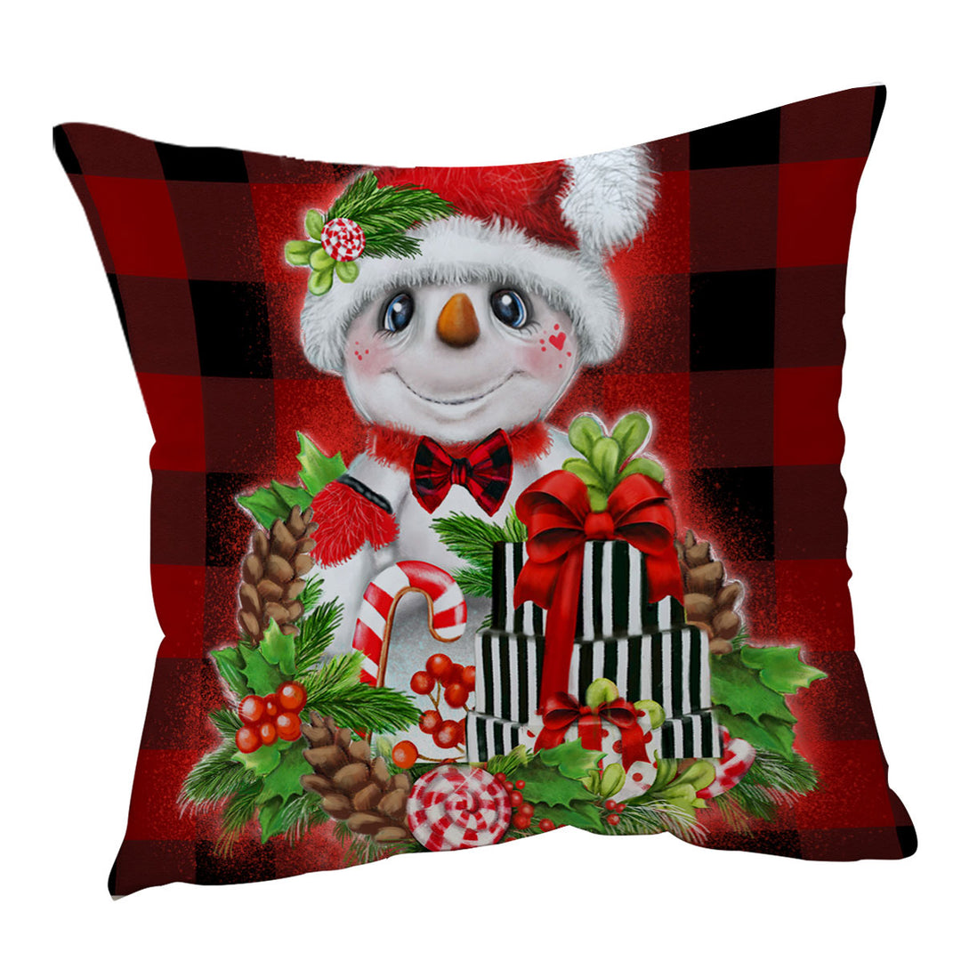 Christmas Plaid Cutie Snowman Throw Pillow