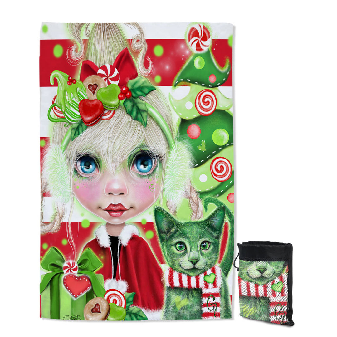 Christmas Quick Dry Travel Beach Towel Red Green Christmas Cindy Girl and Kitty Cat