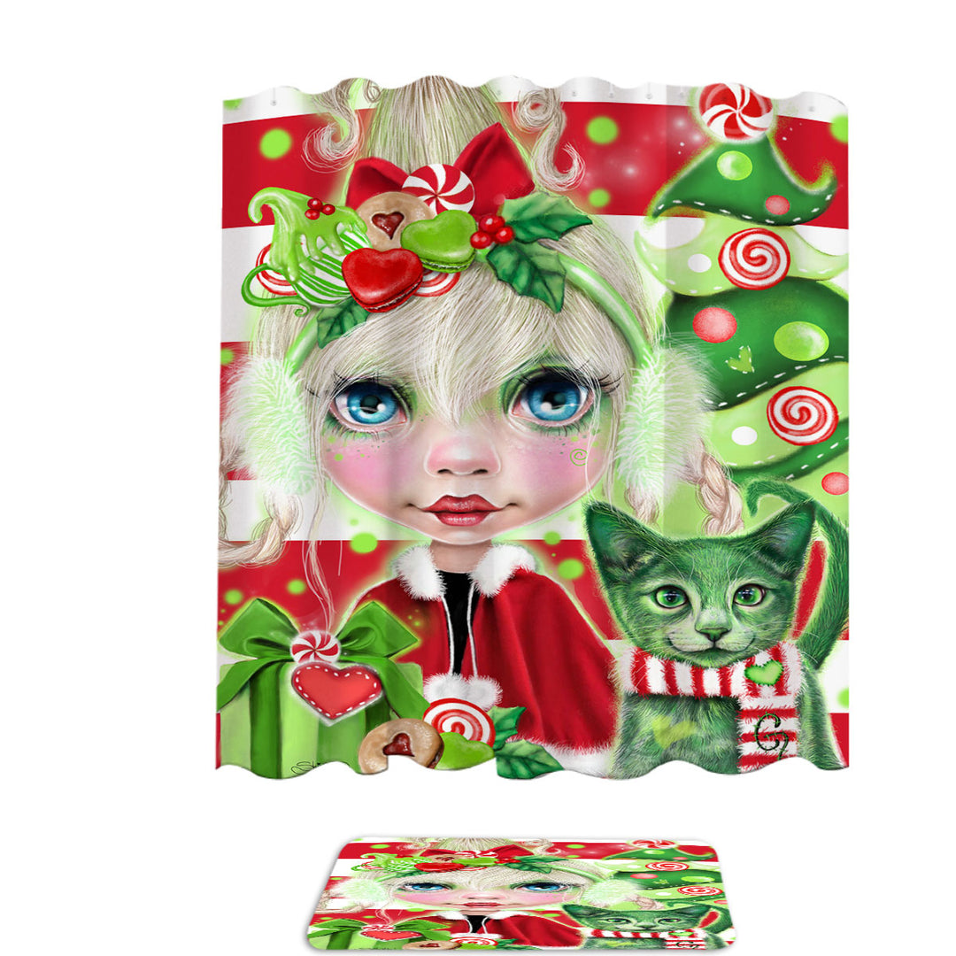 Christmas Shower Curtains Red Green Christmas Cindy Girl and Kitty Cat