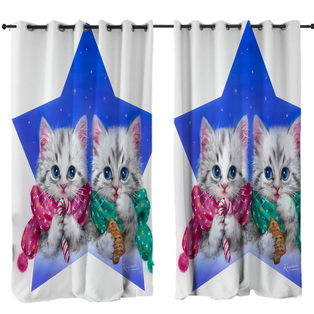 Christmas Star with Two Cute Grey Kittens Curtains for Living Room