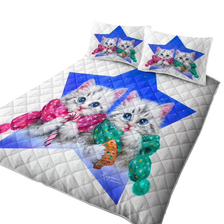 Christmas Star with Two Cute Grey Kittens King Size Quilt