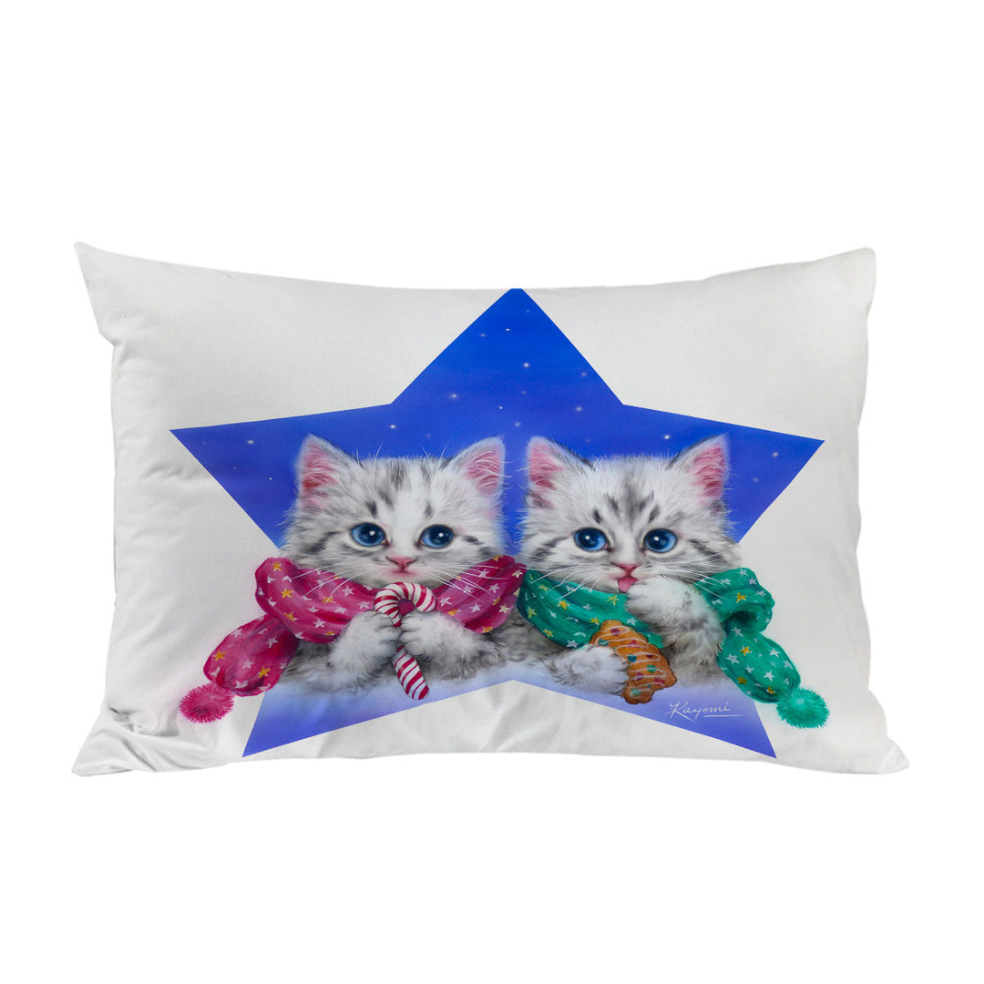 Christmas Star with Two Cute Grey Kittens Pillow Case Covers