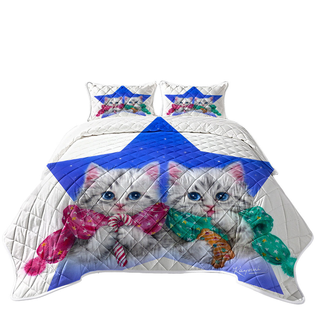 Christmas Star with Two Cute Grey Kittens Quilts for sale