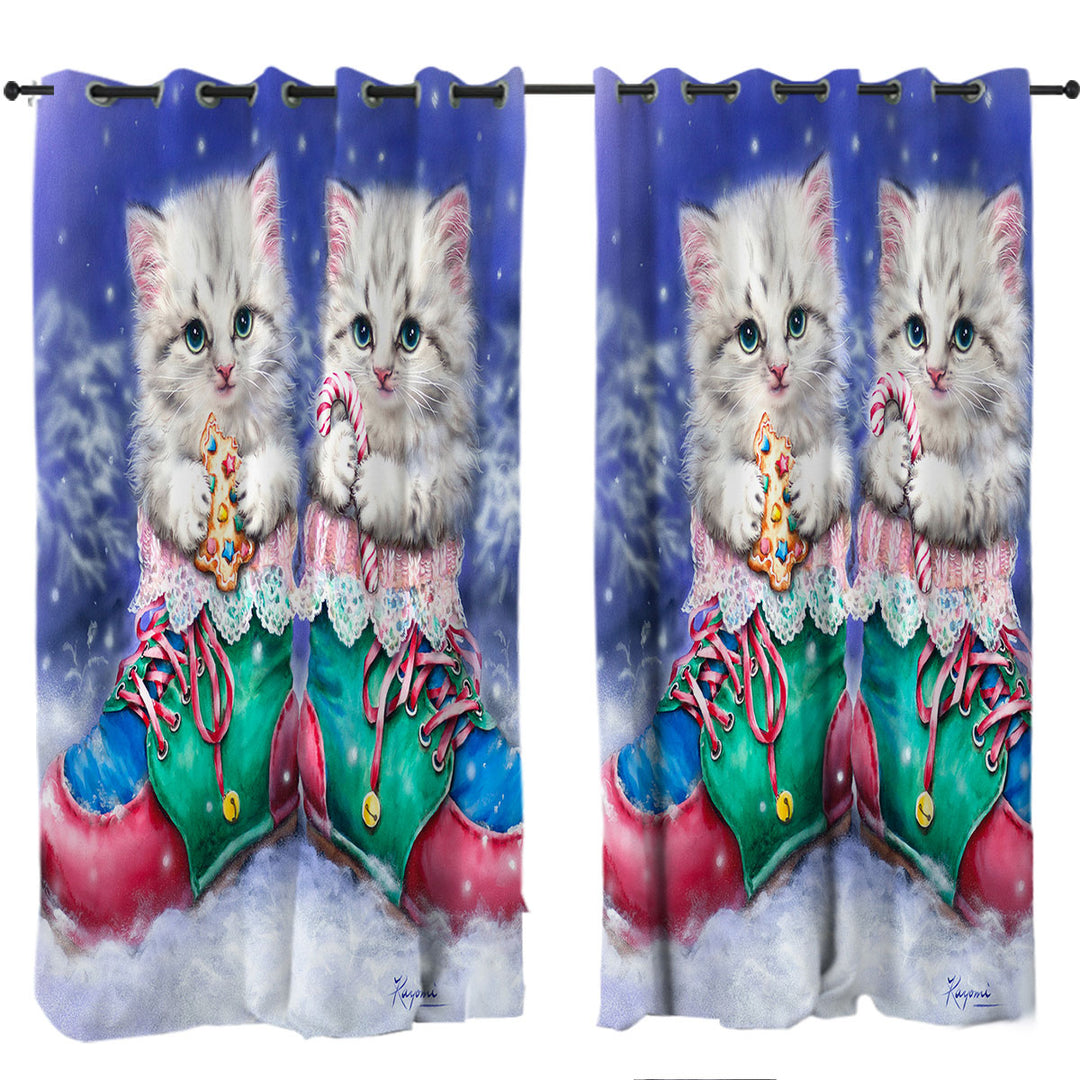 Christmas Winter Boots with Cute Grey Kittens Curtains