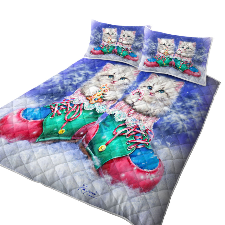 Christmas Winter Boots with Cute Grey Kittens King Size Quilt Sets
