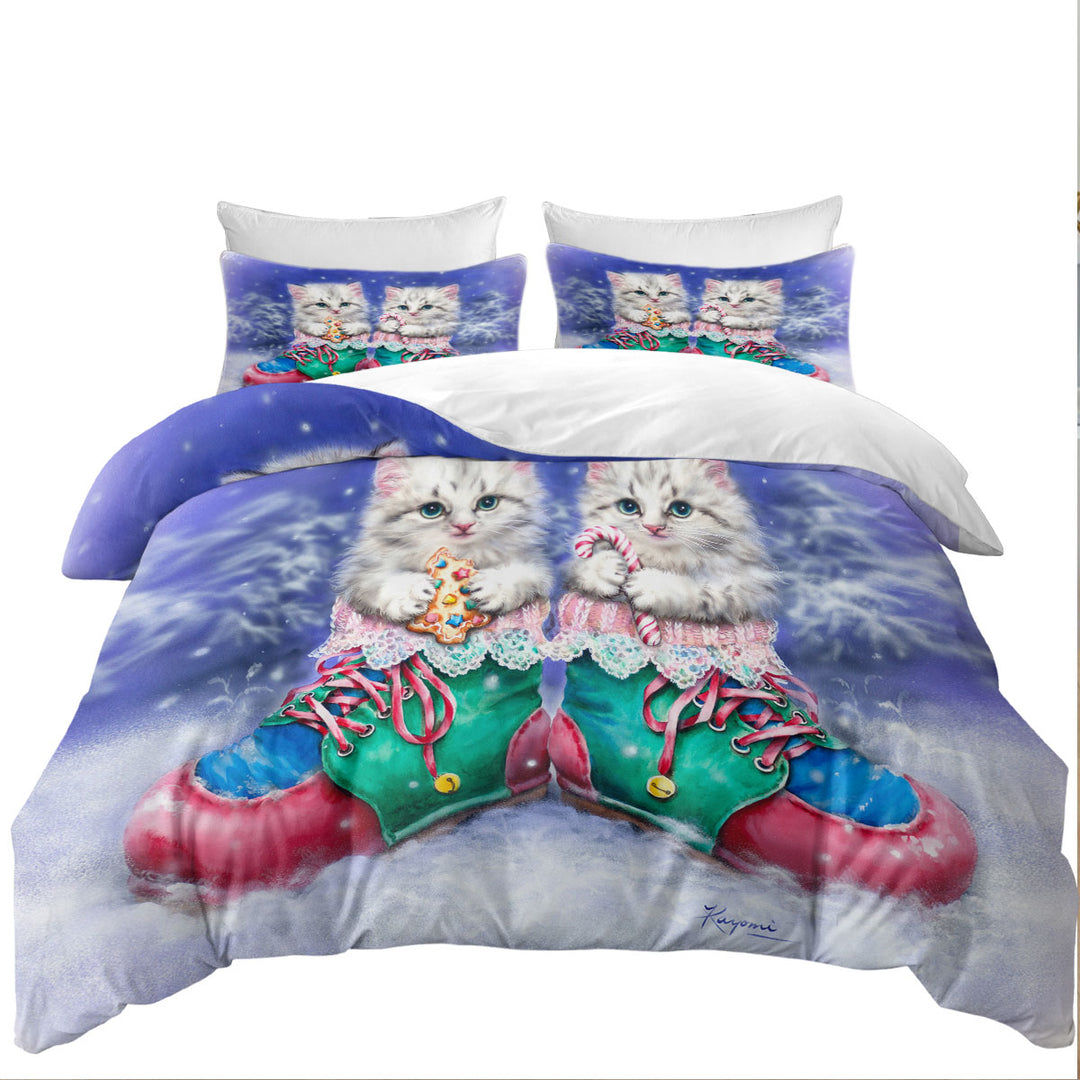 Christmas Winter Boots with Cute Grey Kittens Quilt Cover Sets