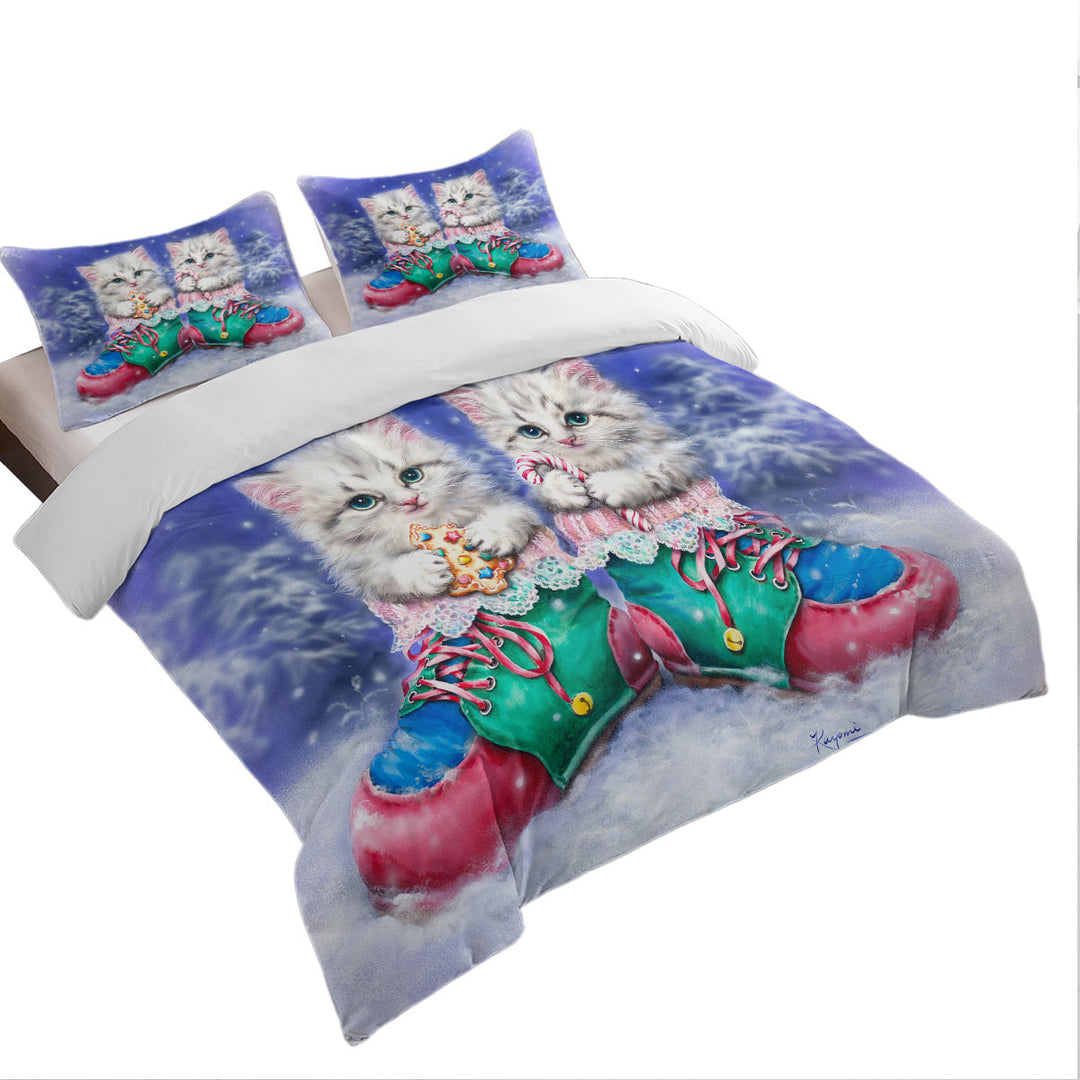 Christmas Winter Boots with Cute Grey Kittens Twin xl Duvet Covers