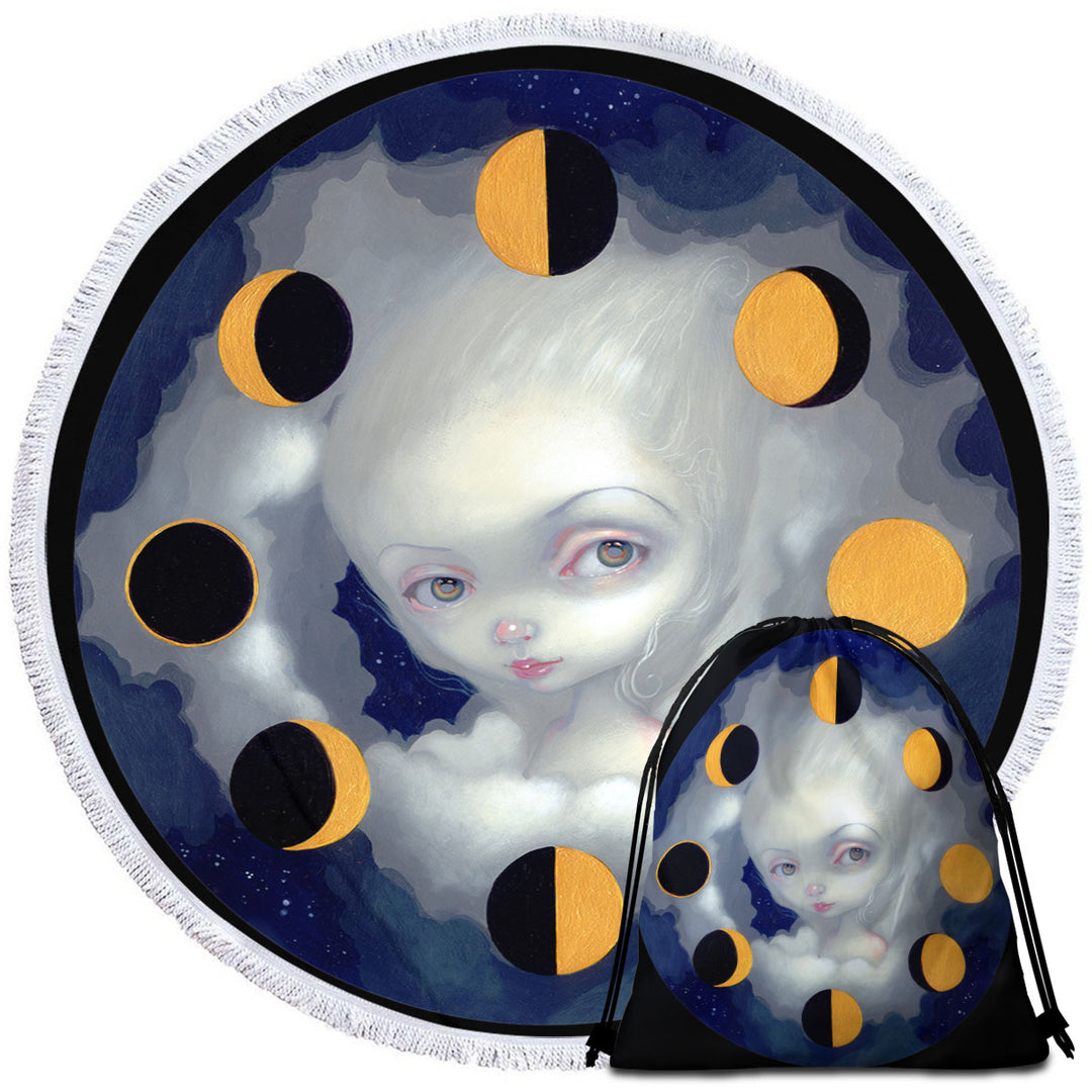 Circle Beach Towel of the Night Sky Moon Phases Girl