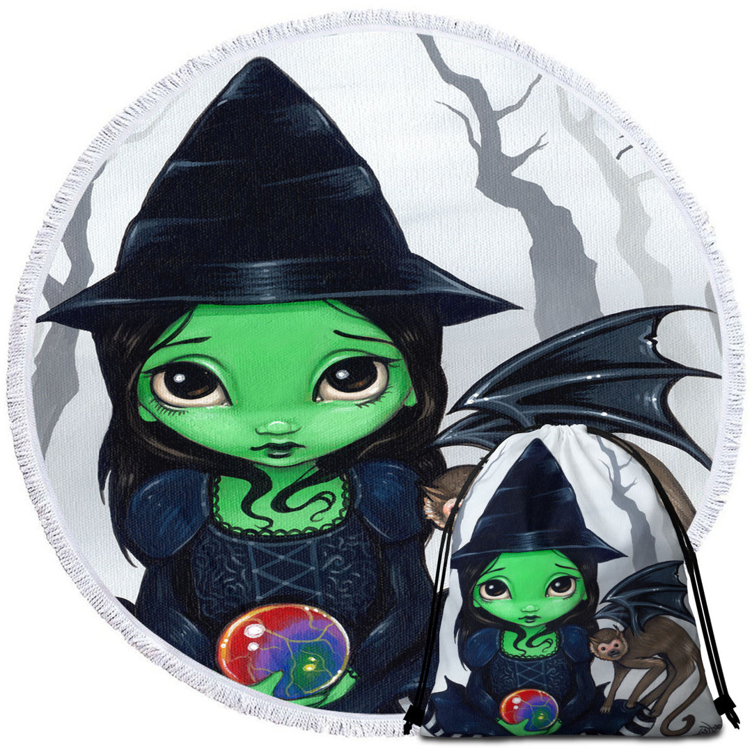 Circle Beach Towel with Halloween Theme Wicked Witch and Her Flying Monkey