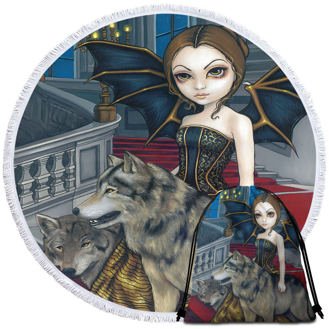 Circle Towel with Wolf Manor Elegant Fairy Walking in the Mansion