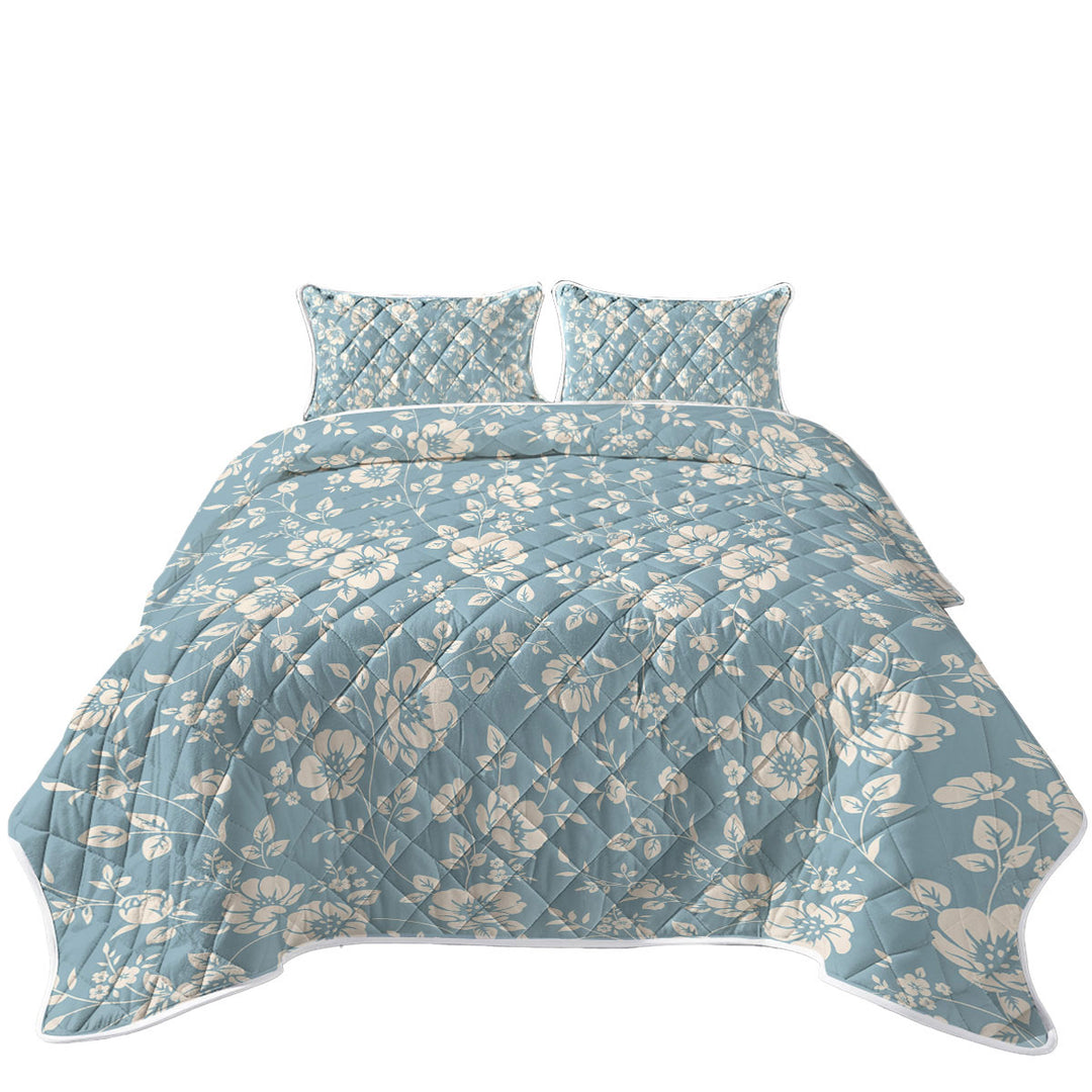 Classic Vintage Off White Floral over Blue Quilt