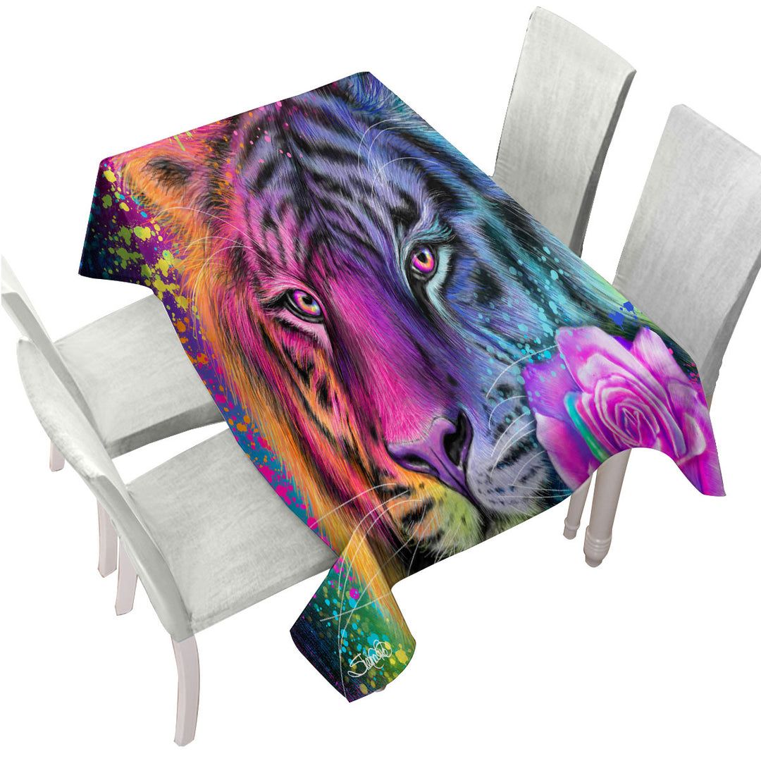 Colorful Animal Art Neon Rainbow Tiger Tablecloths