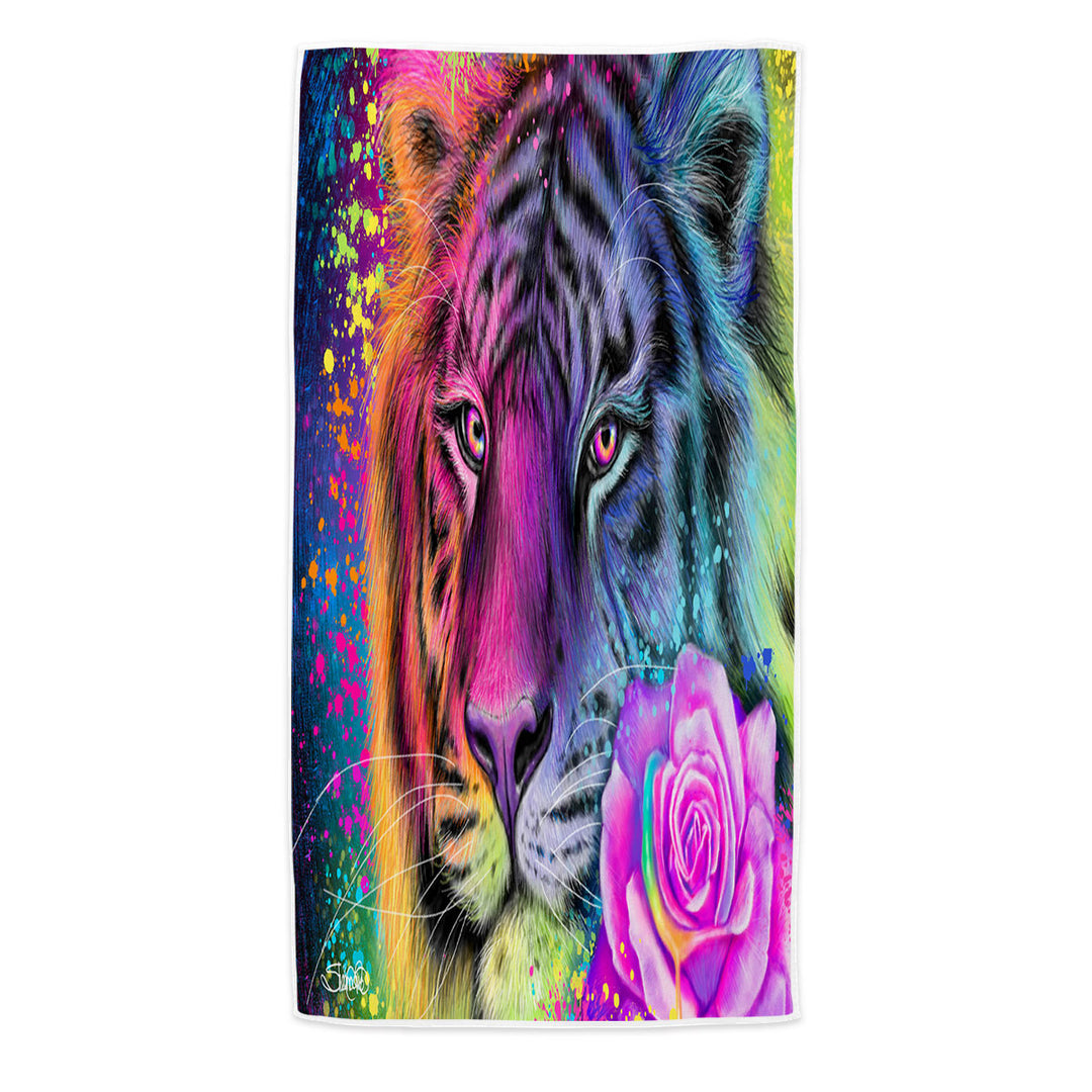 Colorful Animal Beach Towels Art Neon Rainbow Tiger