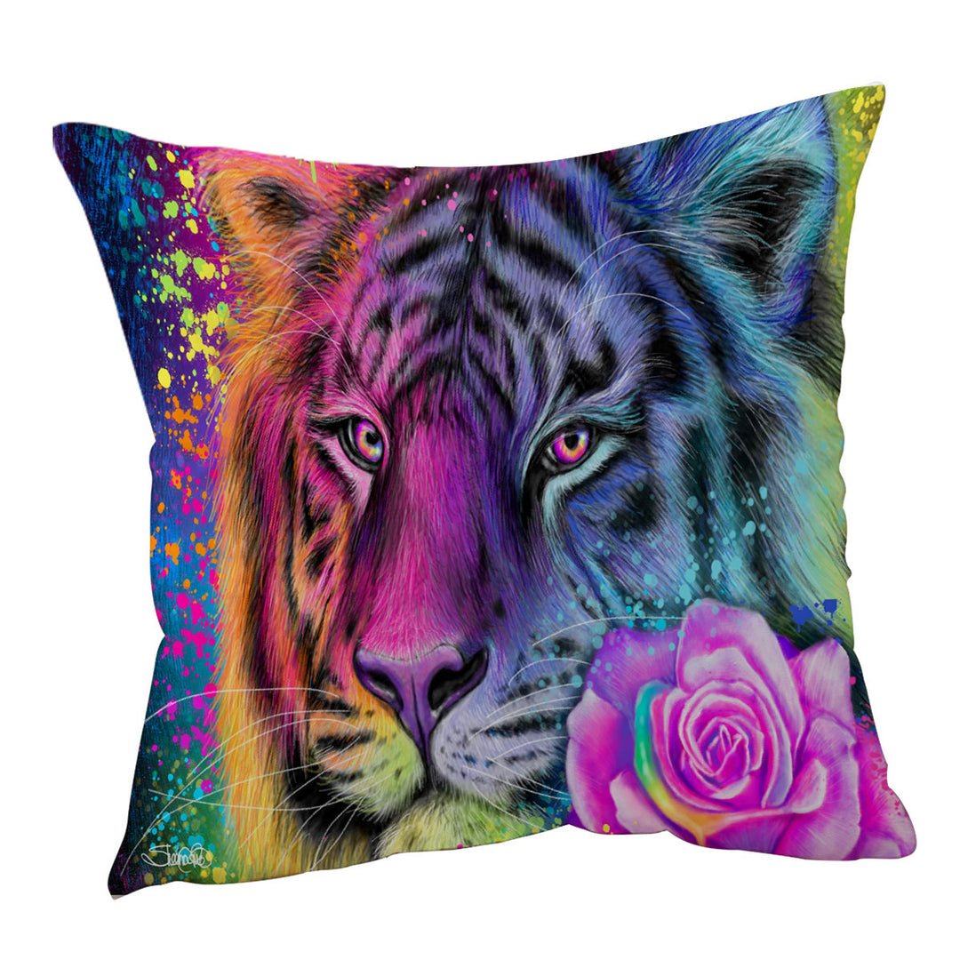 Colorful Animal Throw Pillows Art Neon Rainbow Tiger
