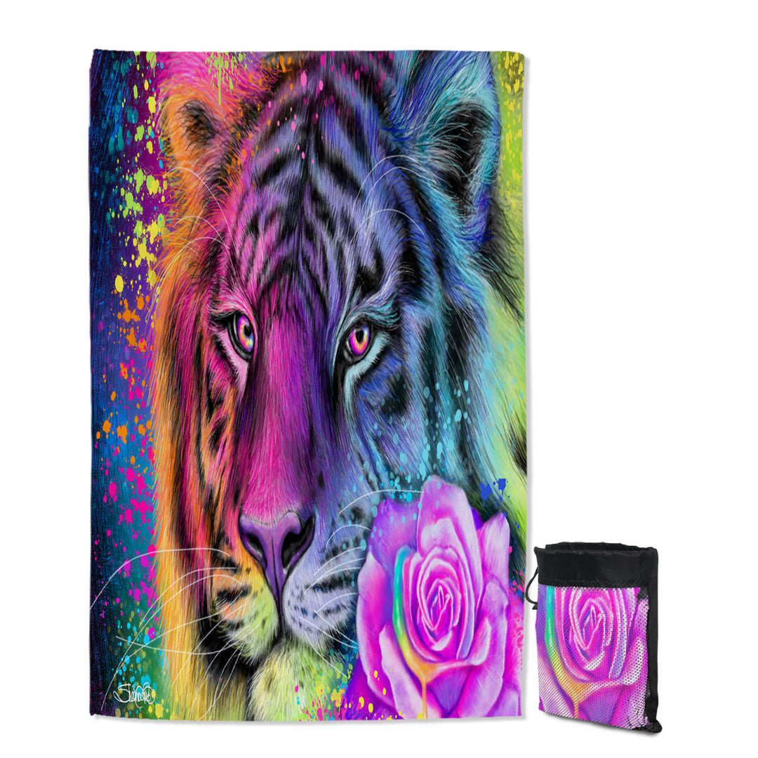 Colorful Animal Travel Beach Towel Art Neon Rainbow Tiger