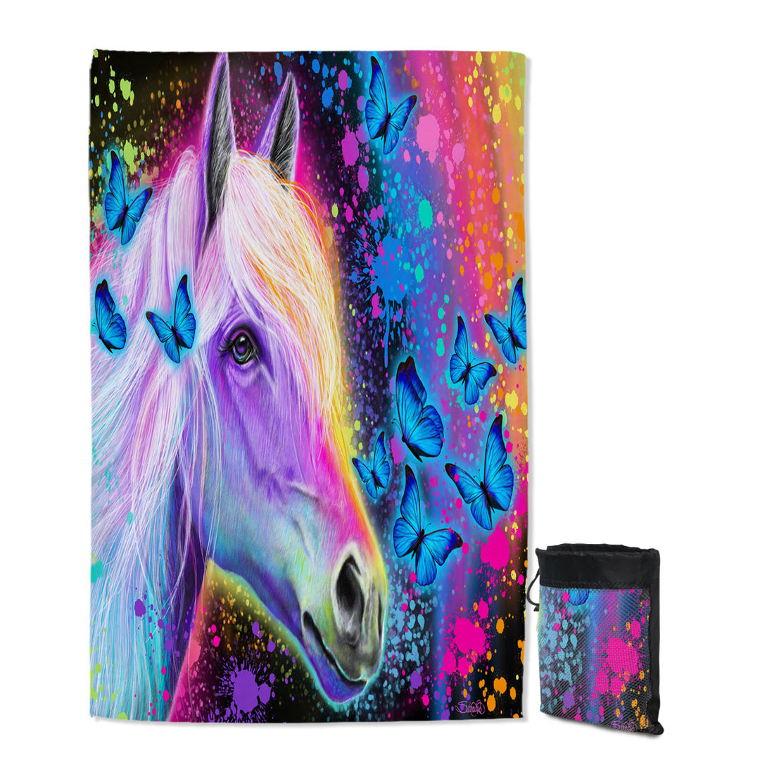 Colorful Beach Towels Neon Rainbow Horse and Butterflies