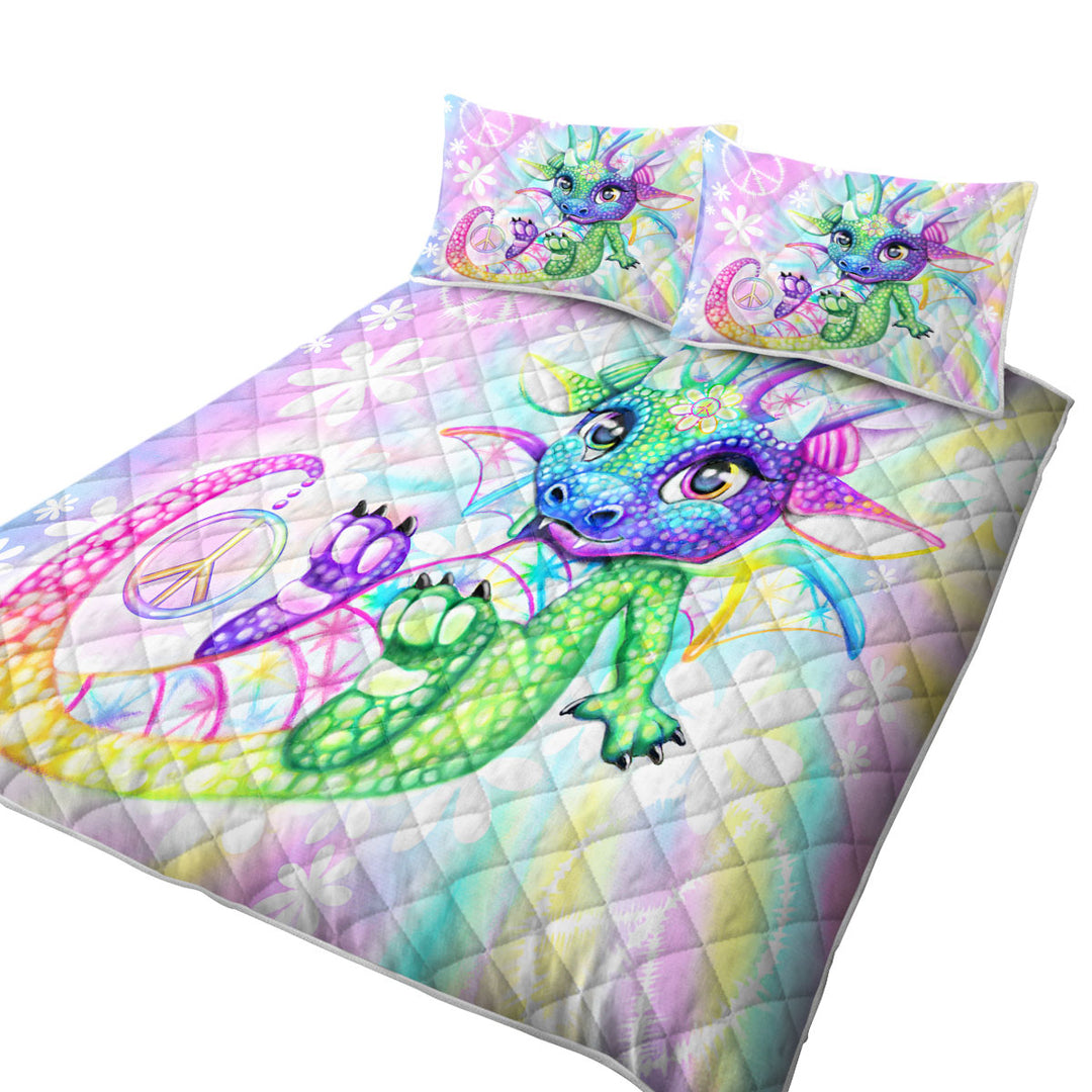 Colorful Cute Peaceful Tie Dye Lil Dragon King Size Quilt Sets
