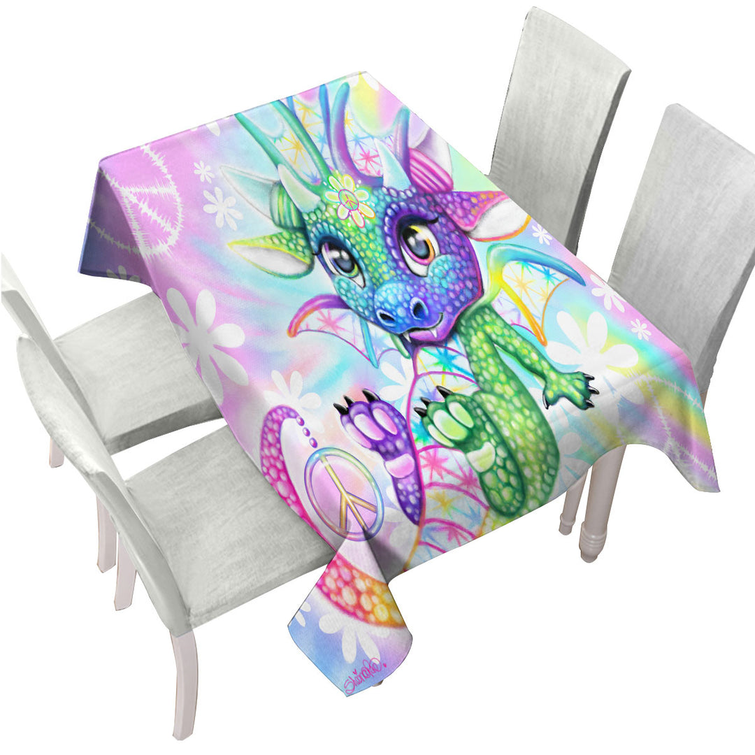 Colorful Cute Peaceful Tie Dye Lil Dragon Tablecloths