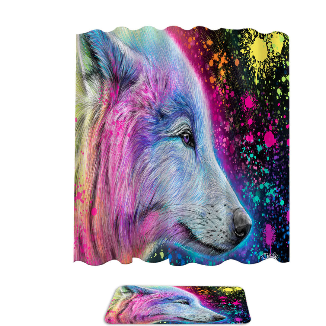 Colorful Fabric Shower Curtains Animal Art Neon Rainbow Wolf