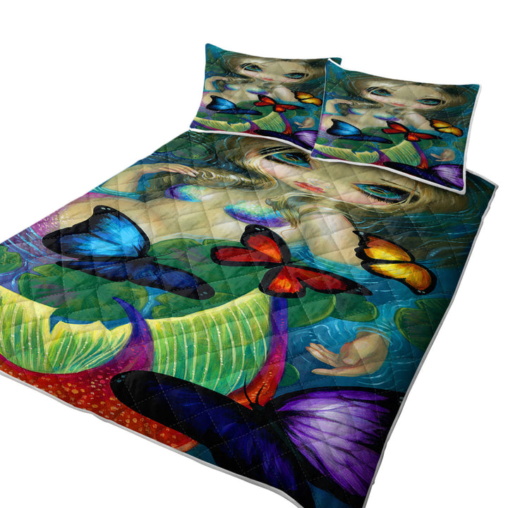 Colorful Fantasy Mermaid with Butterflies Quilts for sale