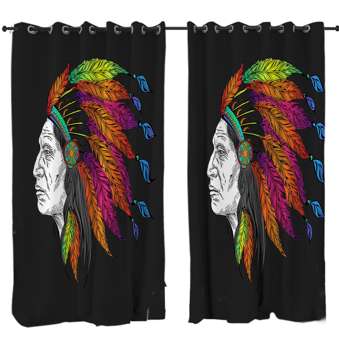 Colorful Feathers on a Tough Native American Chief Curtain