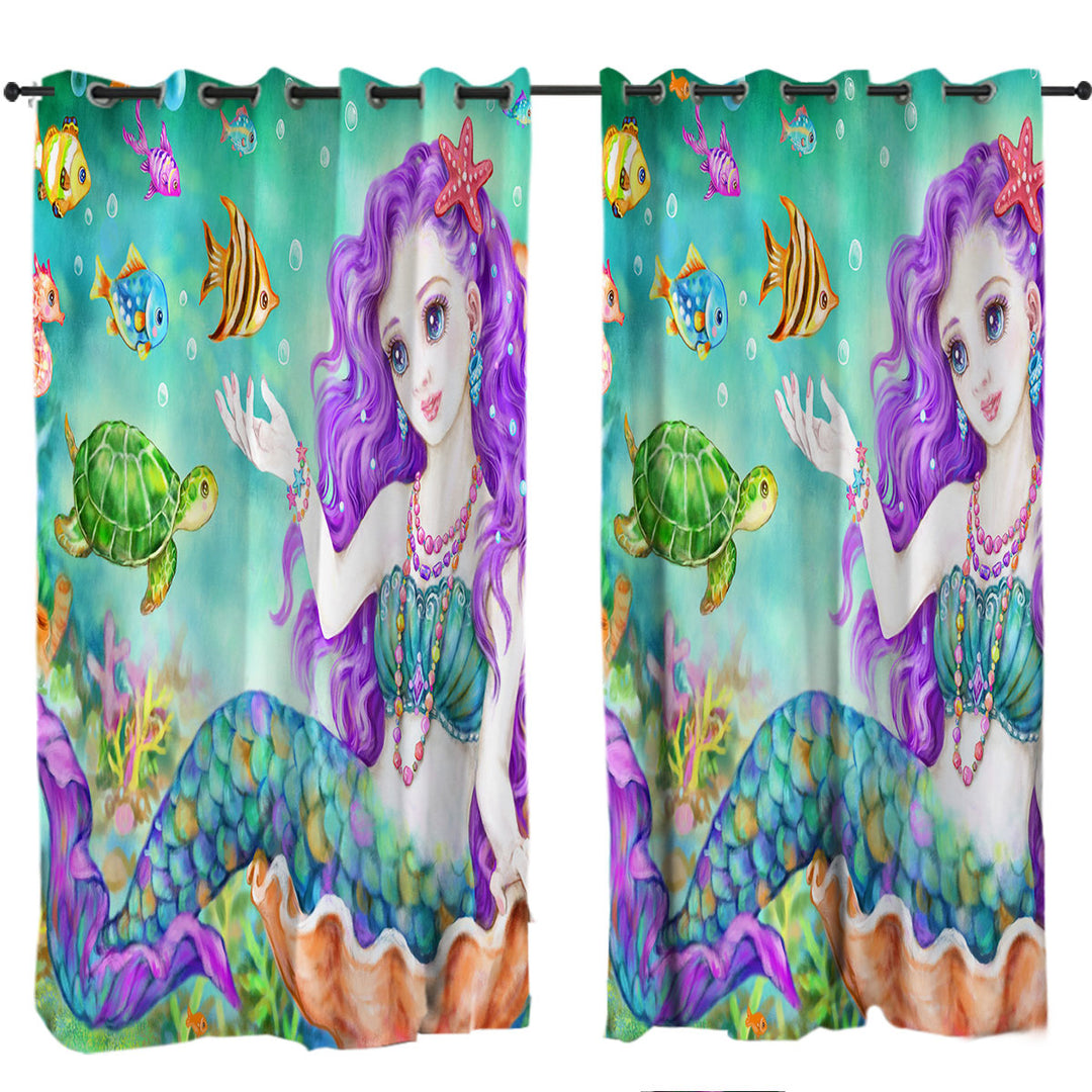 Colorful Fish Seahorse Turtle and Mermaid Drapes