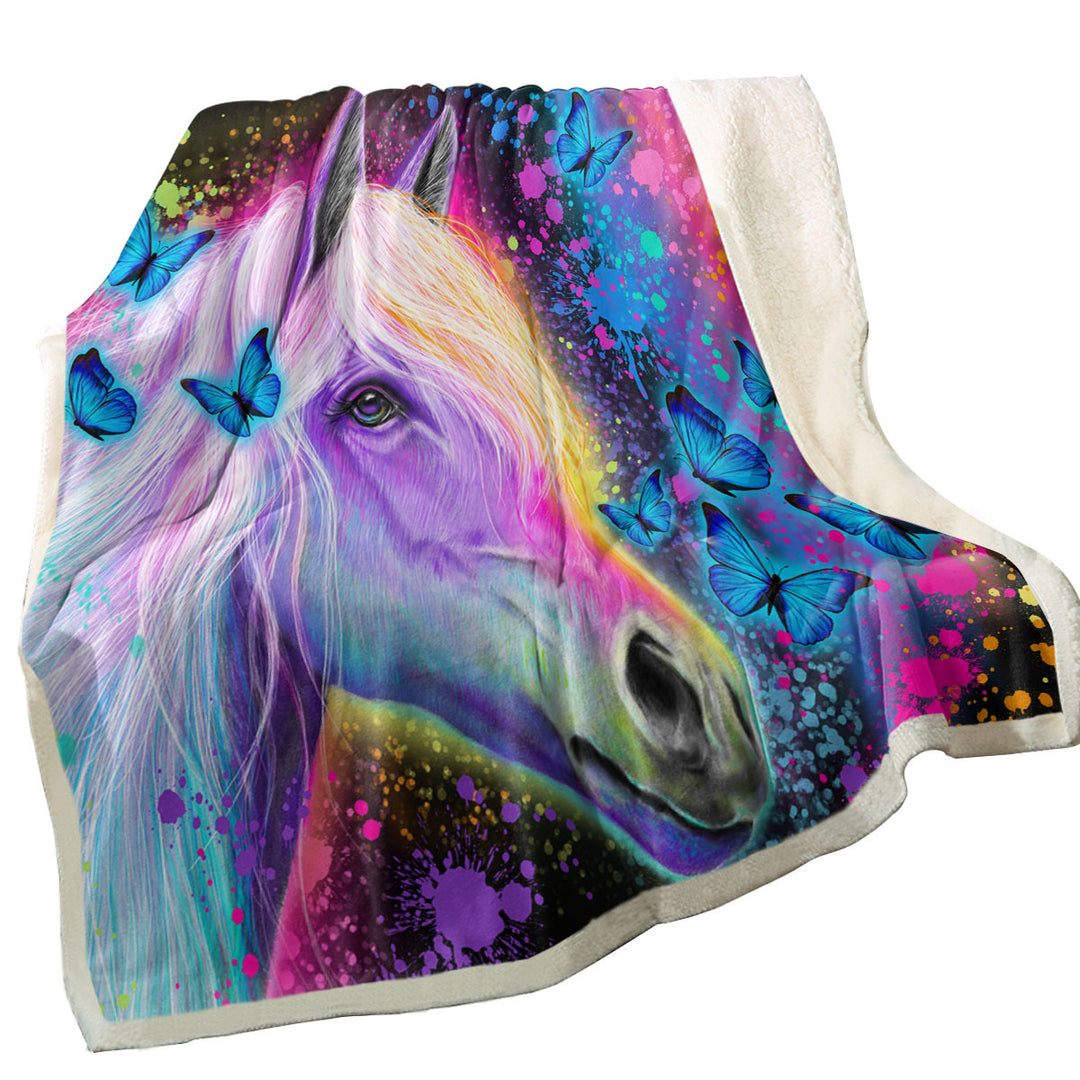 Colorful Fleece Blankets Neon Rainbow Horse and Butterflies