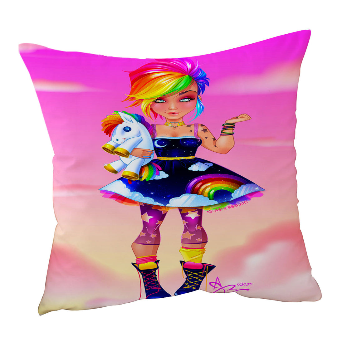 Colorful Girl Rainbow Punk Throw Pillow