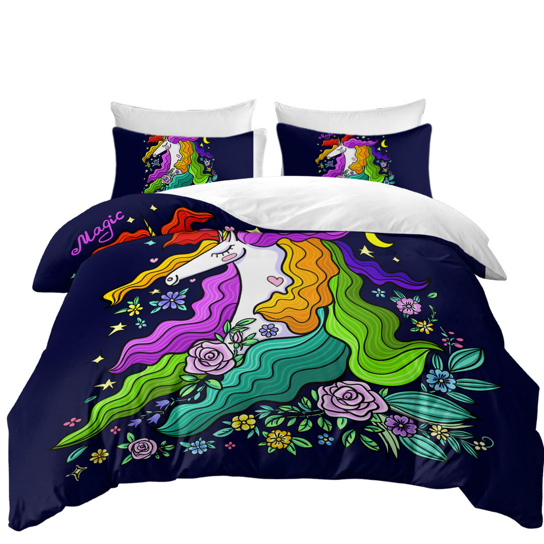 Colorful Long Haired Unicorn Comforter Cover
