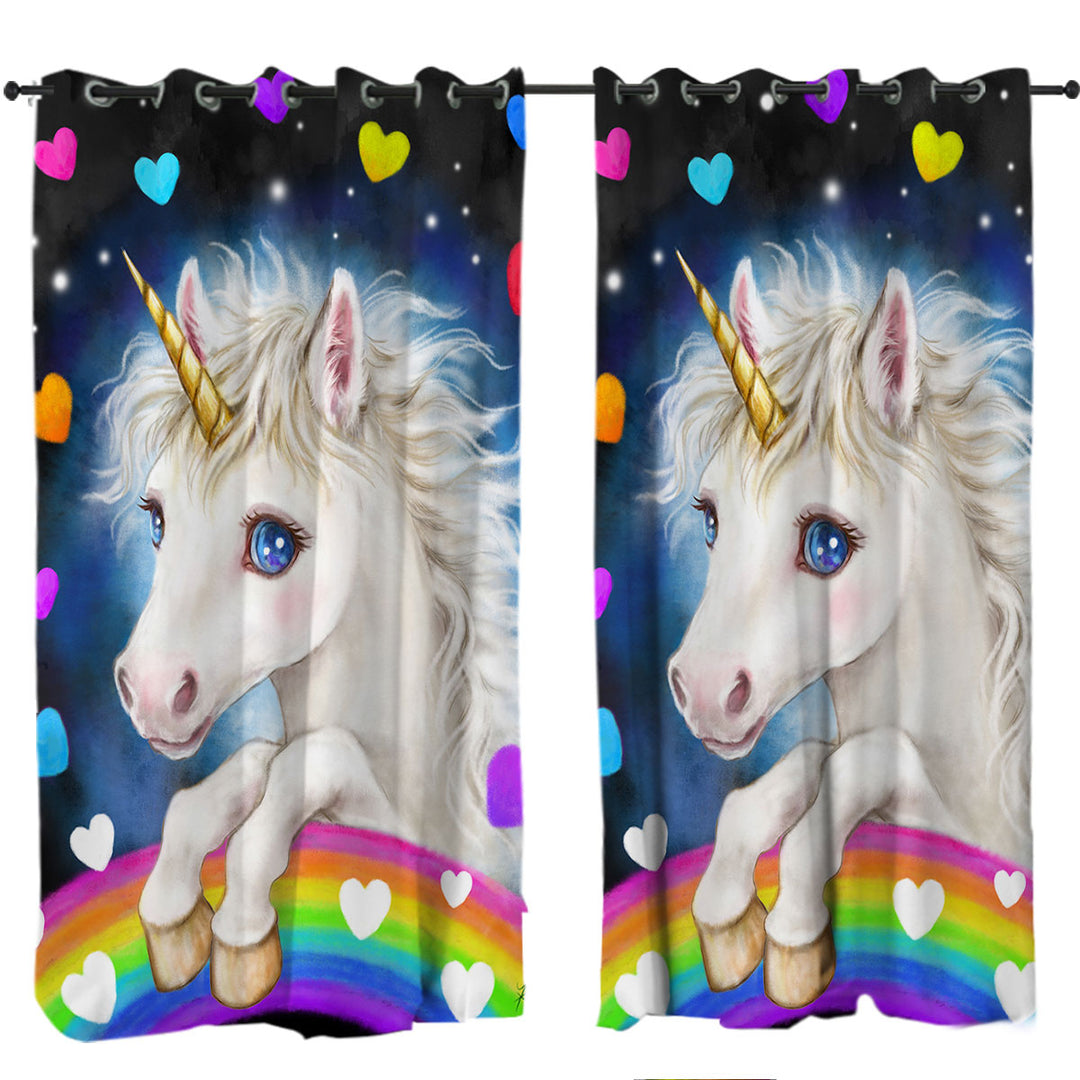 Colorful Lovely Unicorn Rainbow and Hearts Curtains