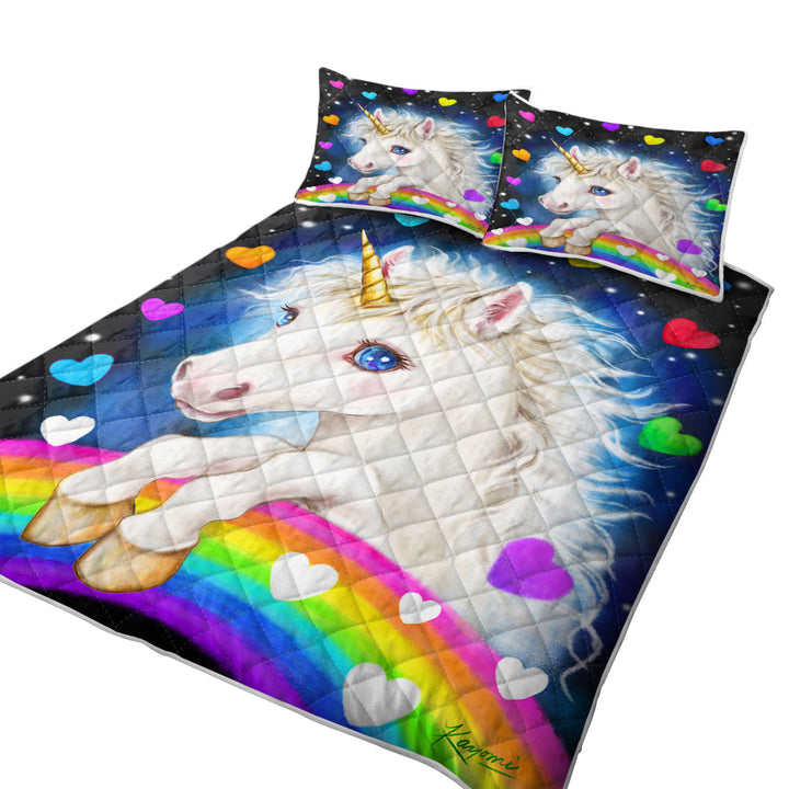 Colorful Lovely Unicorn Rainbow and Hearts Quilt