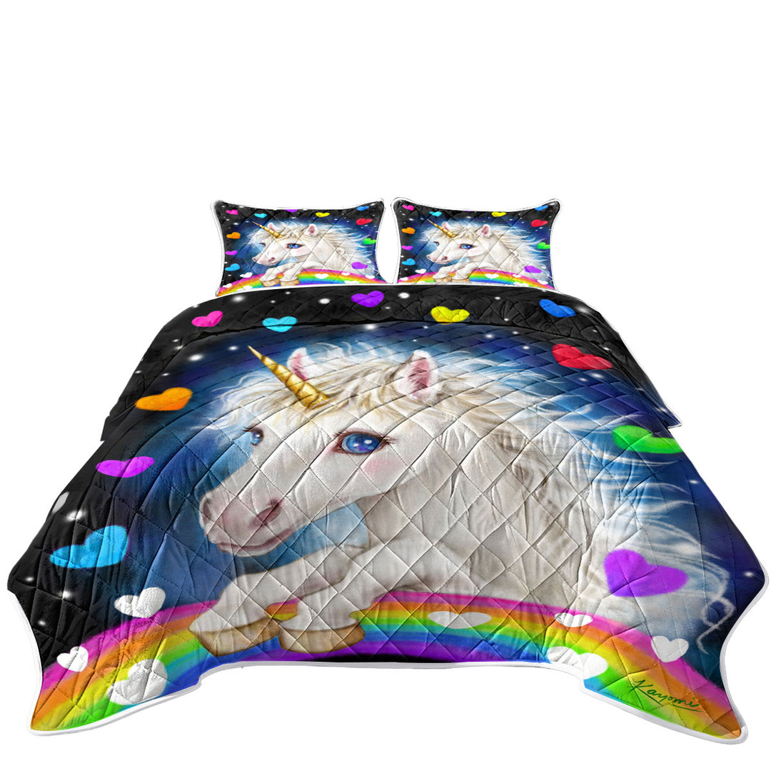 Colorful Lovely Unicorn Rainbow and Hearts Quilts