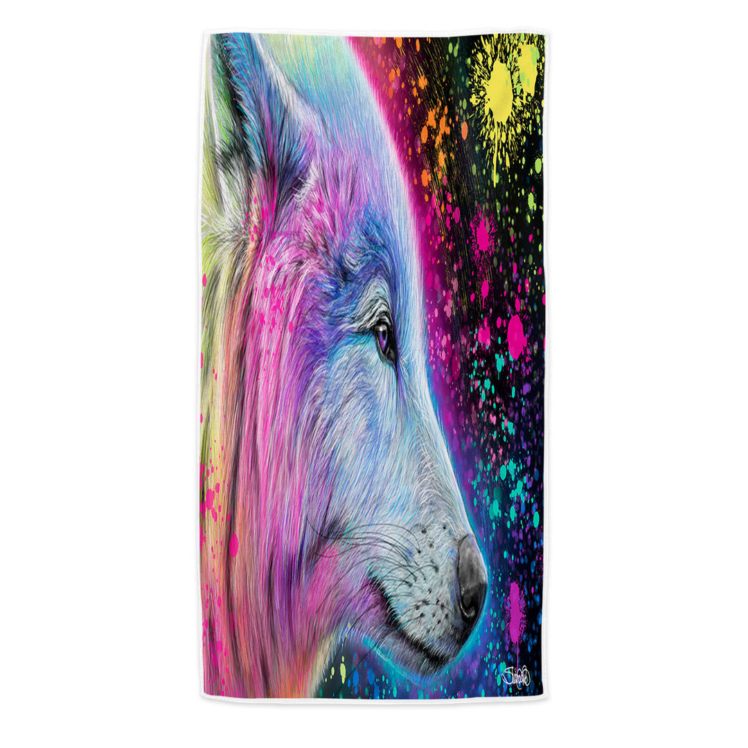 Colorful Microfiber Beach Towel Animal Art Neon Rainbow Wolf
