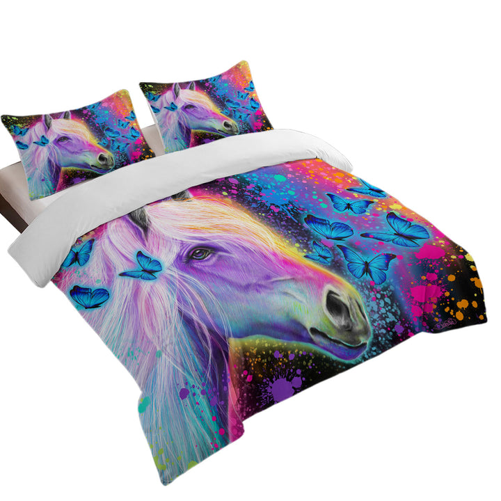 Colorful Neon Rainbow Horse and Butterflies Duvet Cover sale