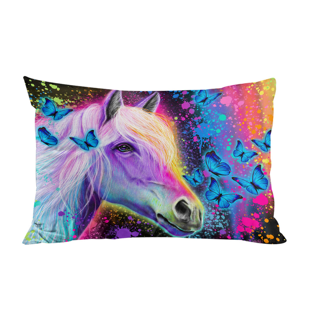 Colorful Neon Rainbow Horse and Butterflies Pillowcase