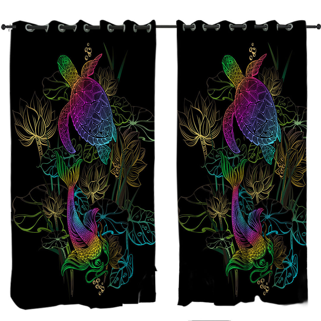 Colorful Oriental Turtle and Koi Fish Curtains