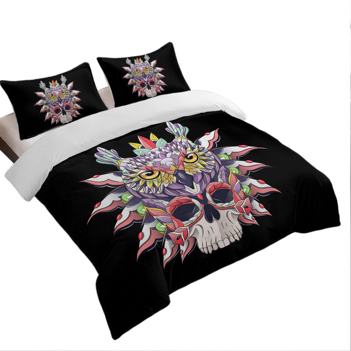 Colorful Owl and Skull full Size Duvet Cover