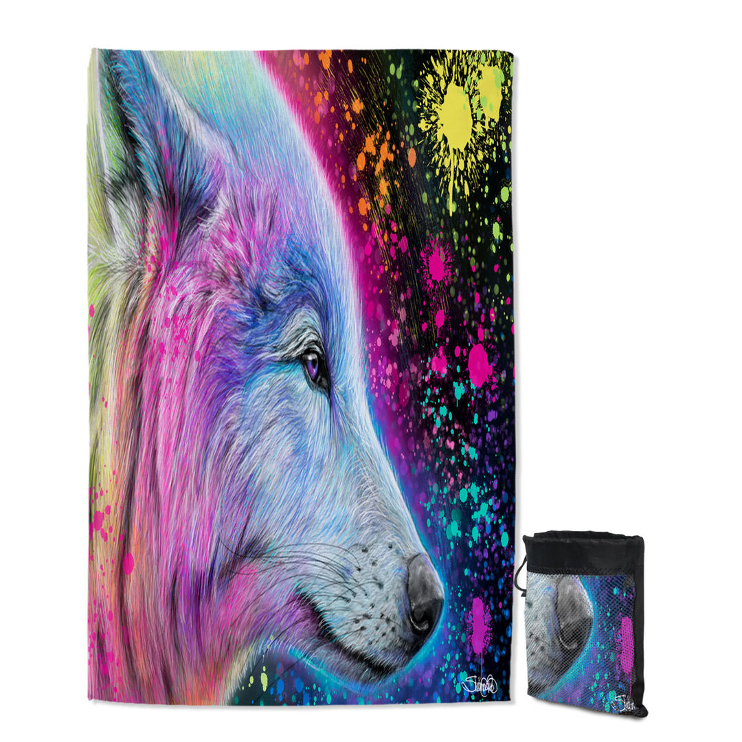 Colorful Quick Dry Beach Towel Animal Art Neon Rainbow Wolf