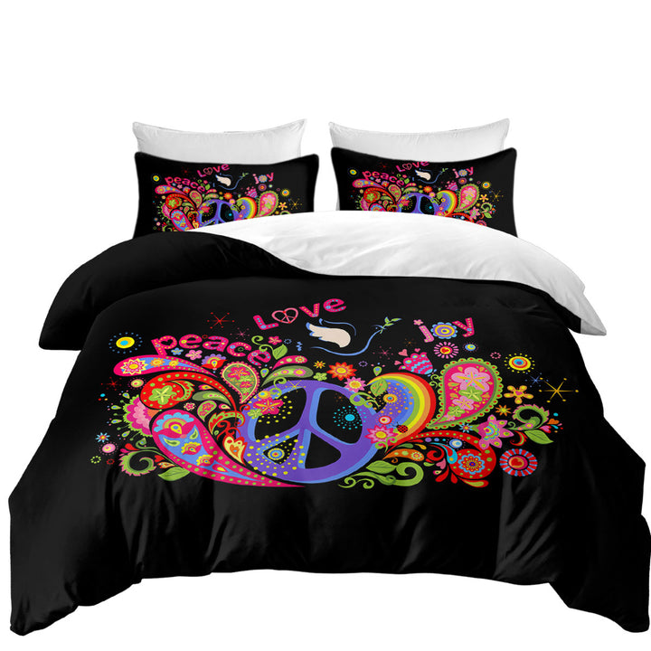 Colorful Retro Sign Peace Love and Joy California King Duvet Cover