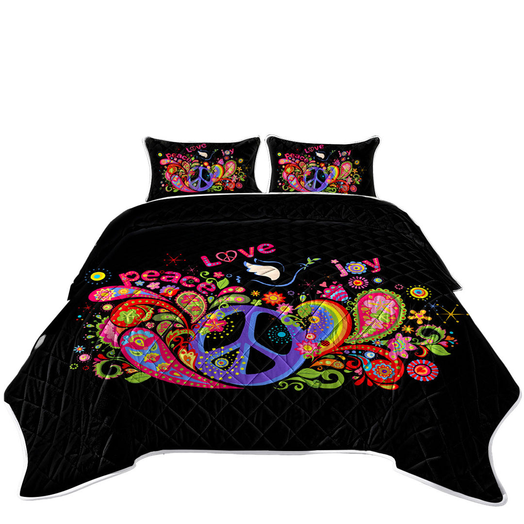 Colorful Retro Sign Peace Love and Joy Summer Quilt