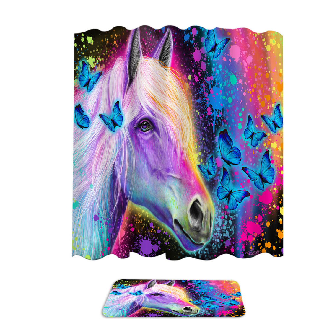 Colorful Shower Curtains Neon Rainbow Horse and Butterflies