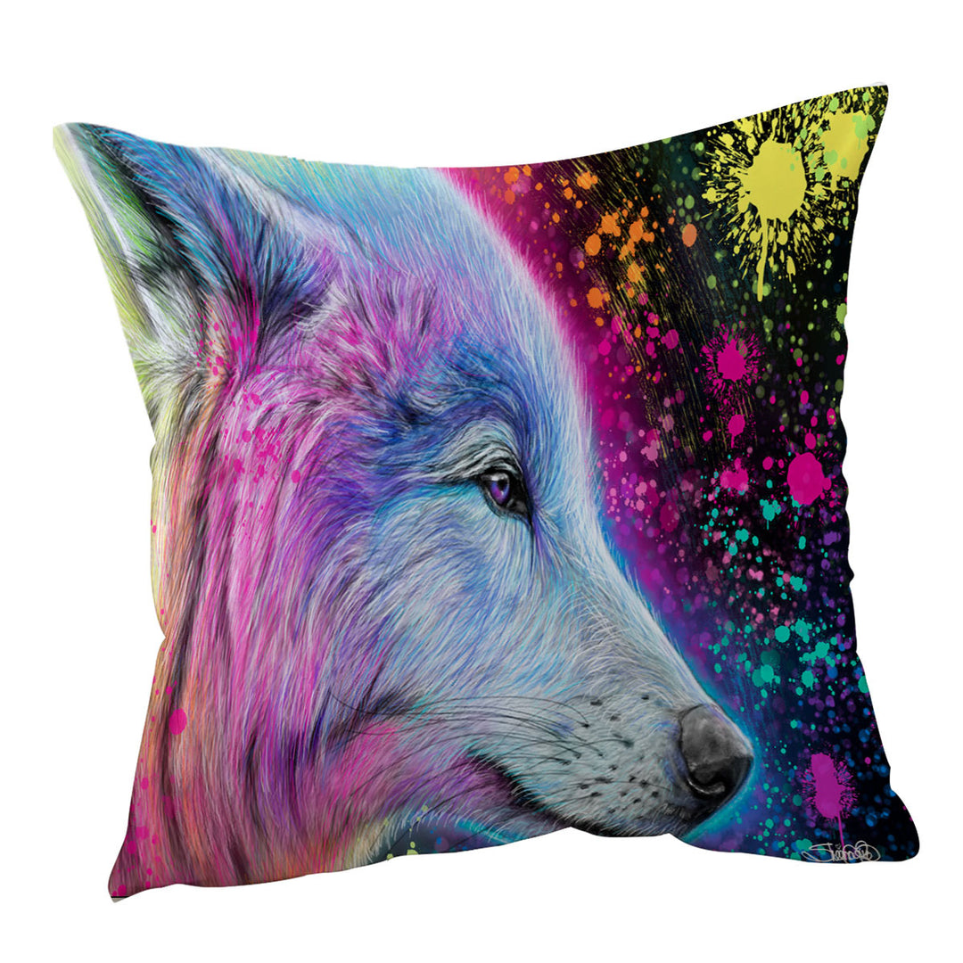 Colorful Sofa Pillows Animal Art Neon Rainbow Wolf